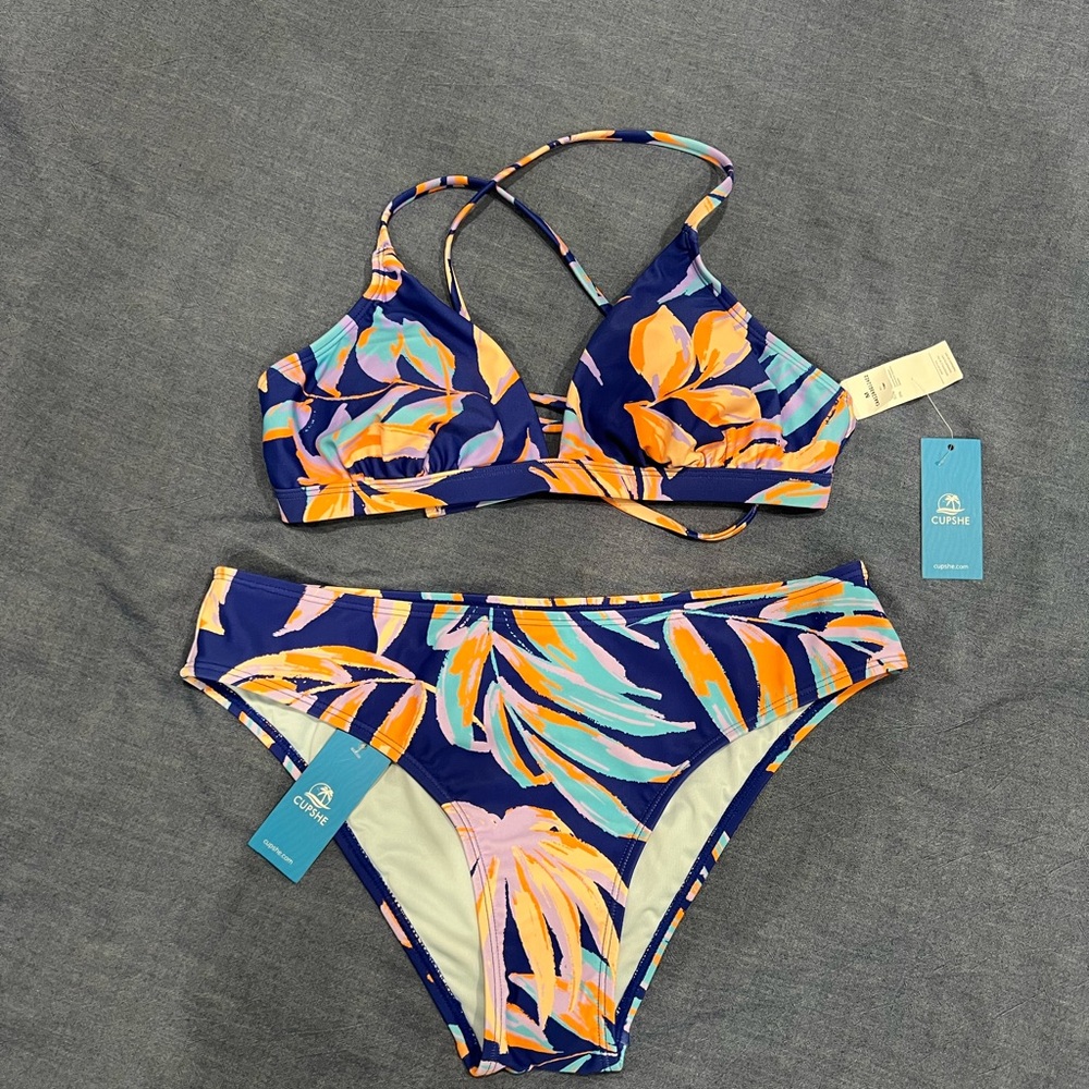 Cupshe Women's Vibrant Leaf Print Bikini - Blue and Orange